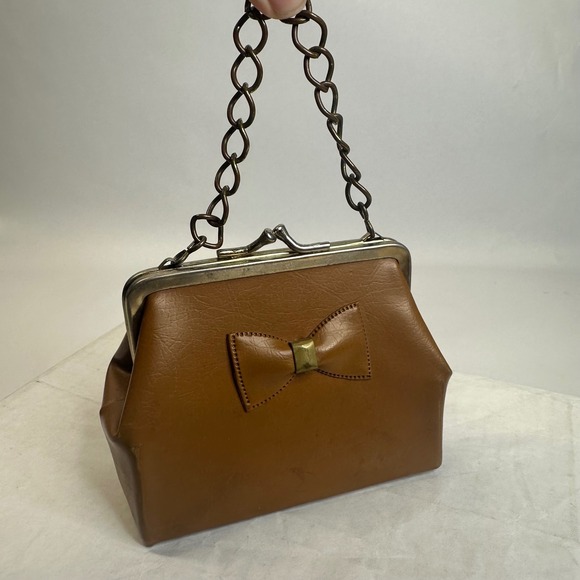 Unbranded Handbags - Vintage Style Cognac Brown Bow Frame Clutch Kiss Lock Chain Handle Handbag